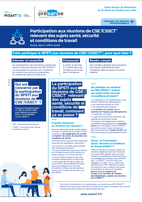 Participation réunion CSE CSSCT pour sujets sante securite et conditions de travail